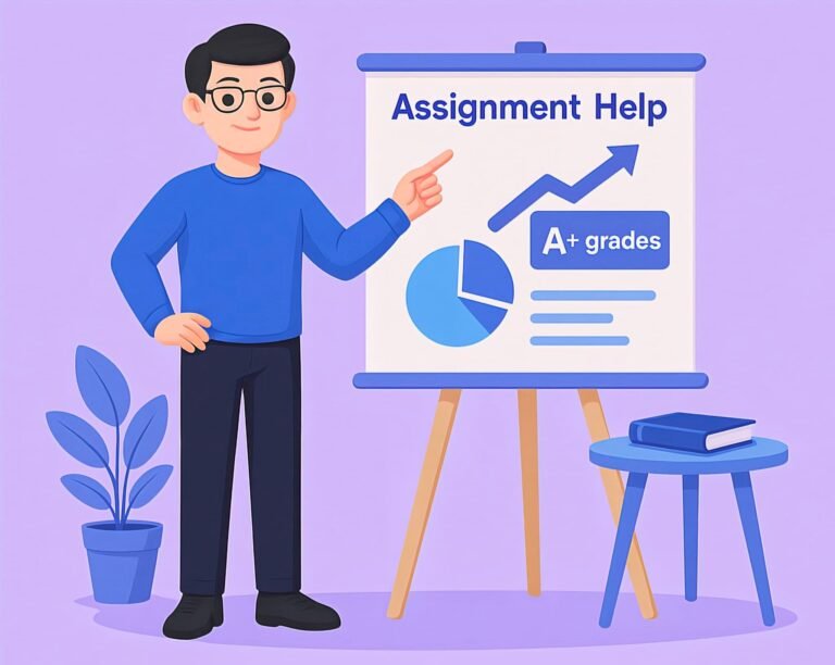 Cartoon UK student pointing at assignment help board showing A+ grades and charts on light purple background