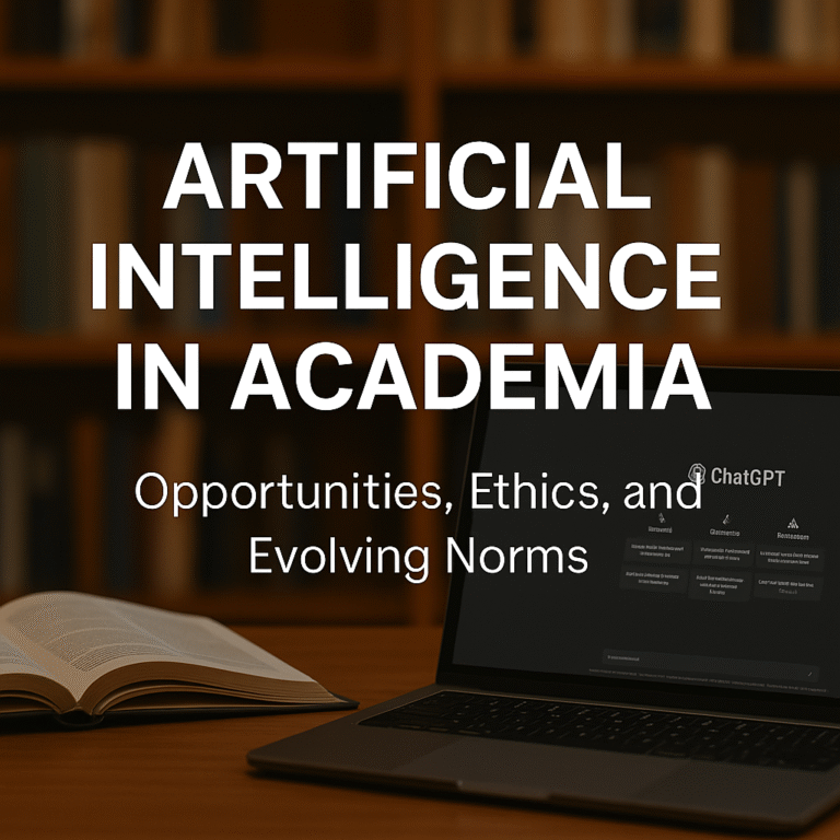 Laptop with ChatGPT open next to an academic book in a library, representing AI in academia