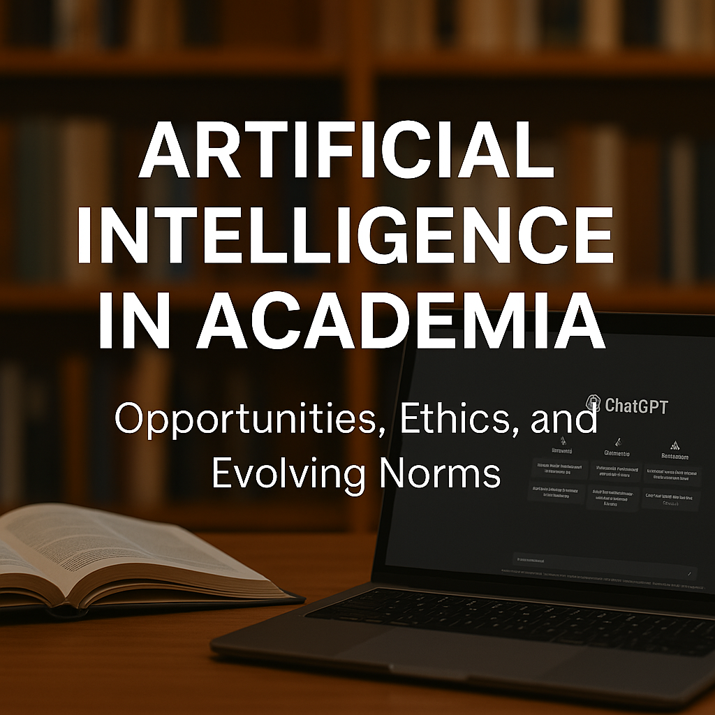 Laptop with ChatGPT open next to an academic book in a library, representing AI in academia