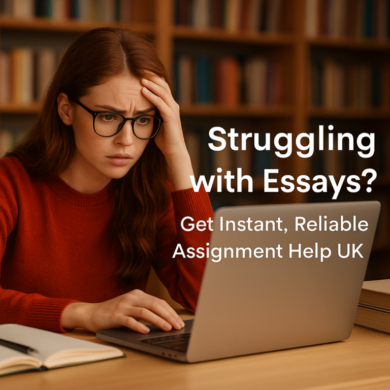 Female student looking stressed in front of a laptop with text offering assignment help in the UK.