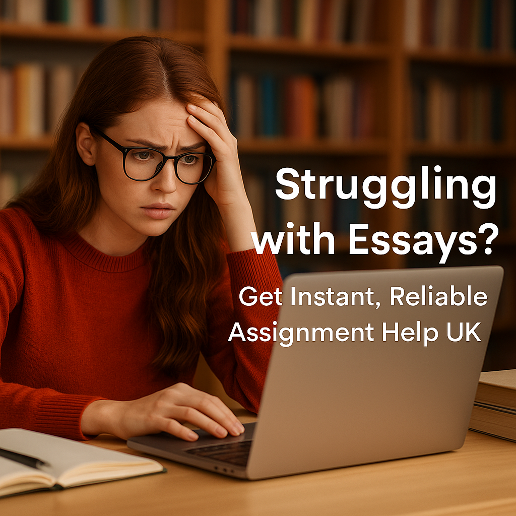 Female student looking stressed in front of a laptop with text offering assignment help in the UK.