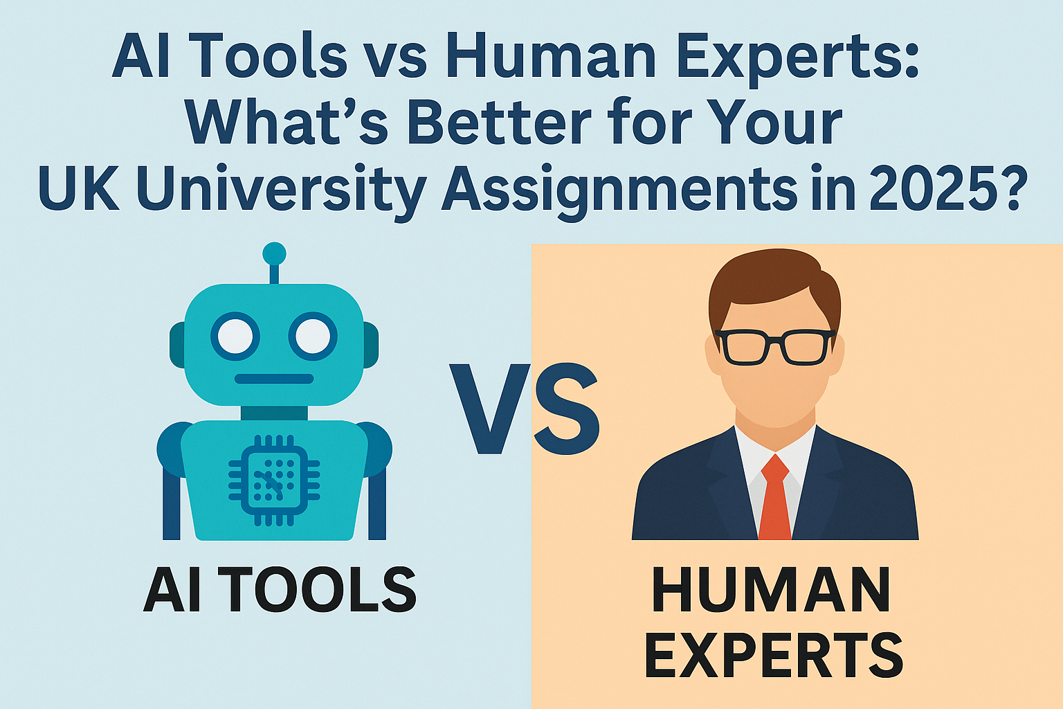 Illustration comparing AI tools and human experts for university assignments in the UK in 2025