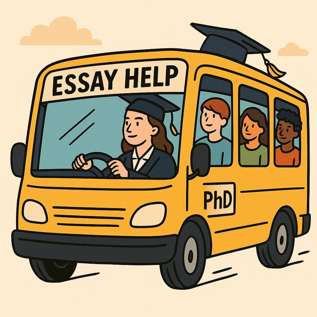Cartoon illustration of a PhD graduate driving an “Essay Help” academic bus with students inside.