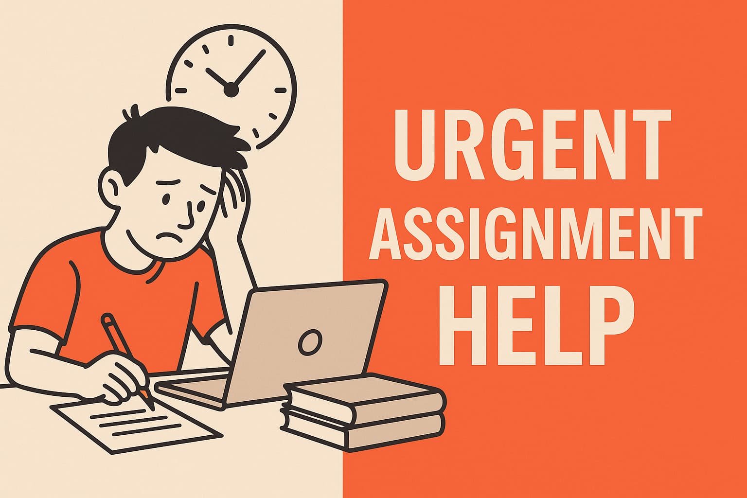 Stressed student cartoon working on laptop with clock behind, representing urgent assignment help