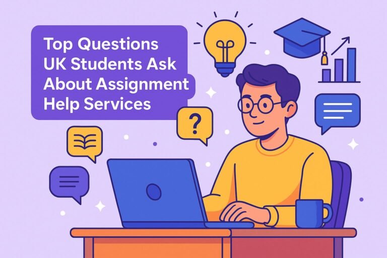 Cartoon illustration of a UK student using a laptop with icons for questions, graduation, and academic help, titled "Top Questions UK Students Ask About Assignment Help Services"