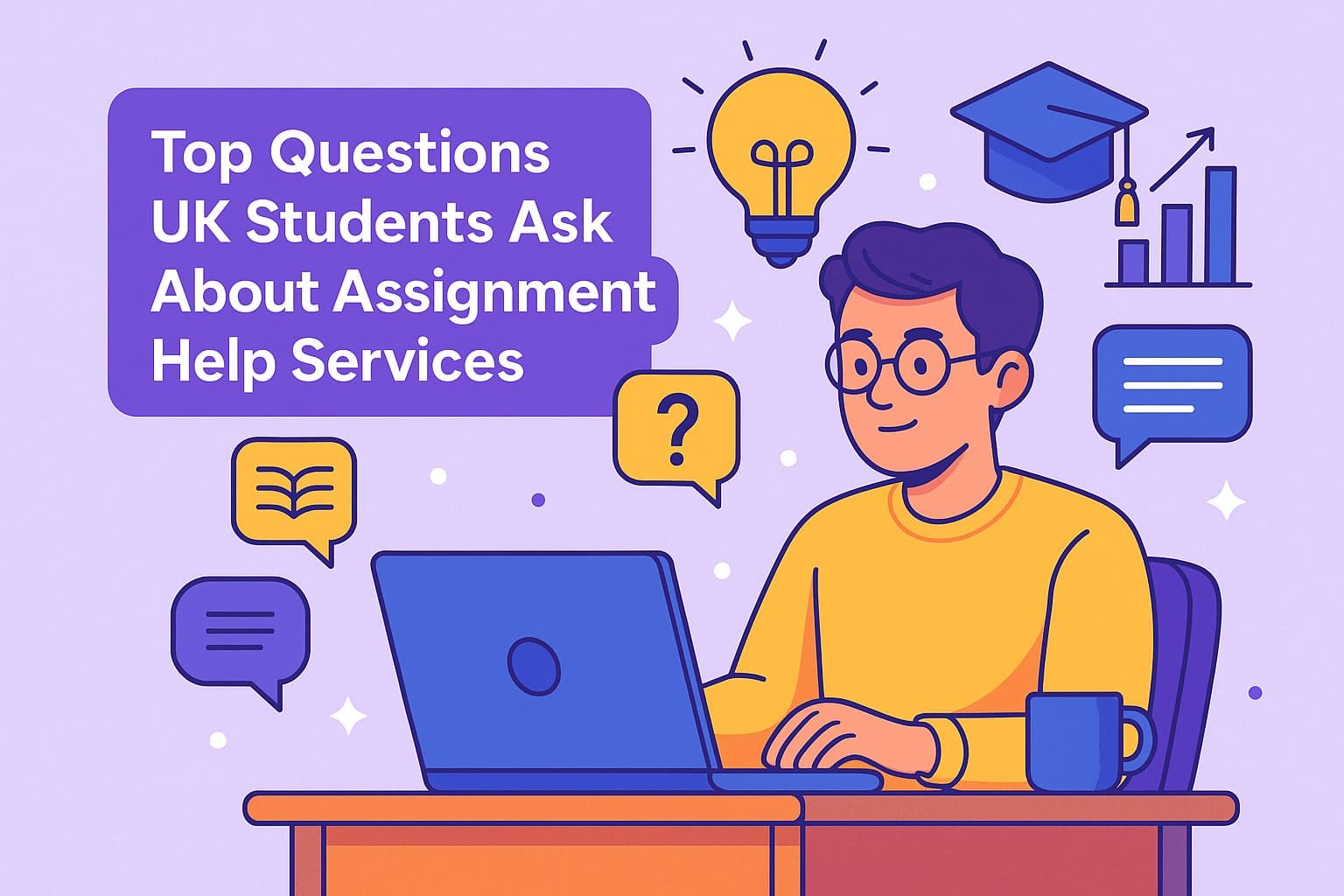 Cartoon illustration of a UK student using a laptop with icons for questions, graduation, and academic help, titled "Top Questions UK Students Ask About Assignment Help Services"
