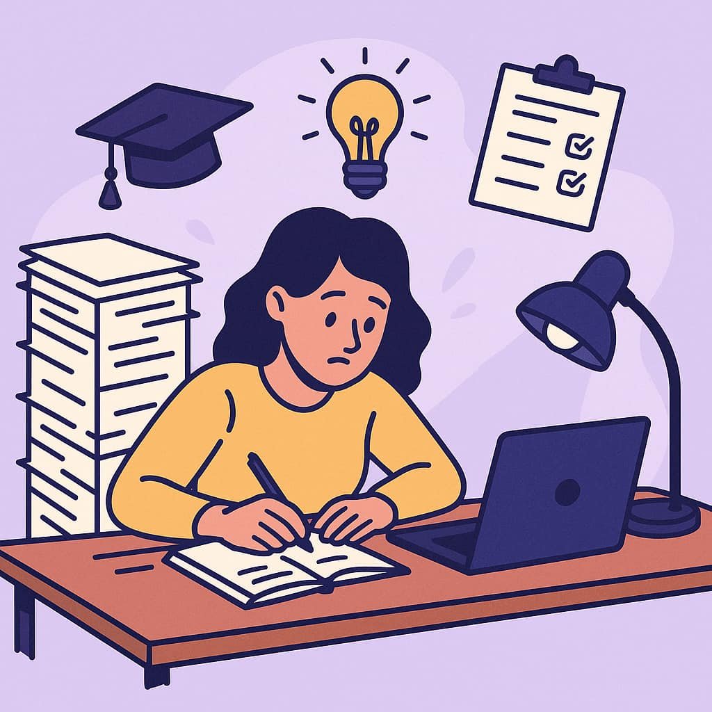 Cartoon-style illustration of a stressed female student writing in a notebook, with a large stack of papers beside her, a glowing lightbulb, checklist, and laptop on a wooden desk — symbolizing academic pressure.