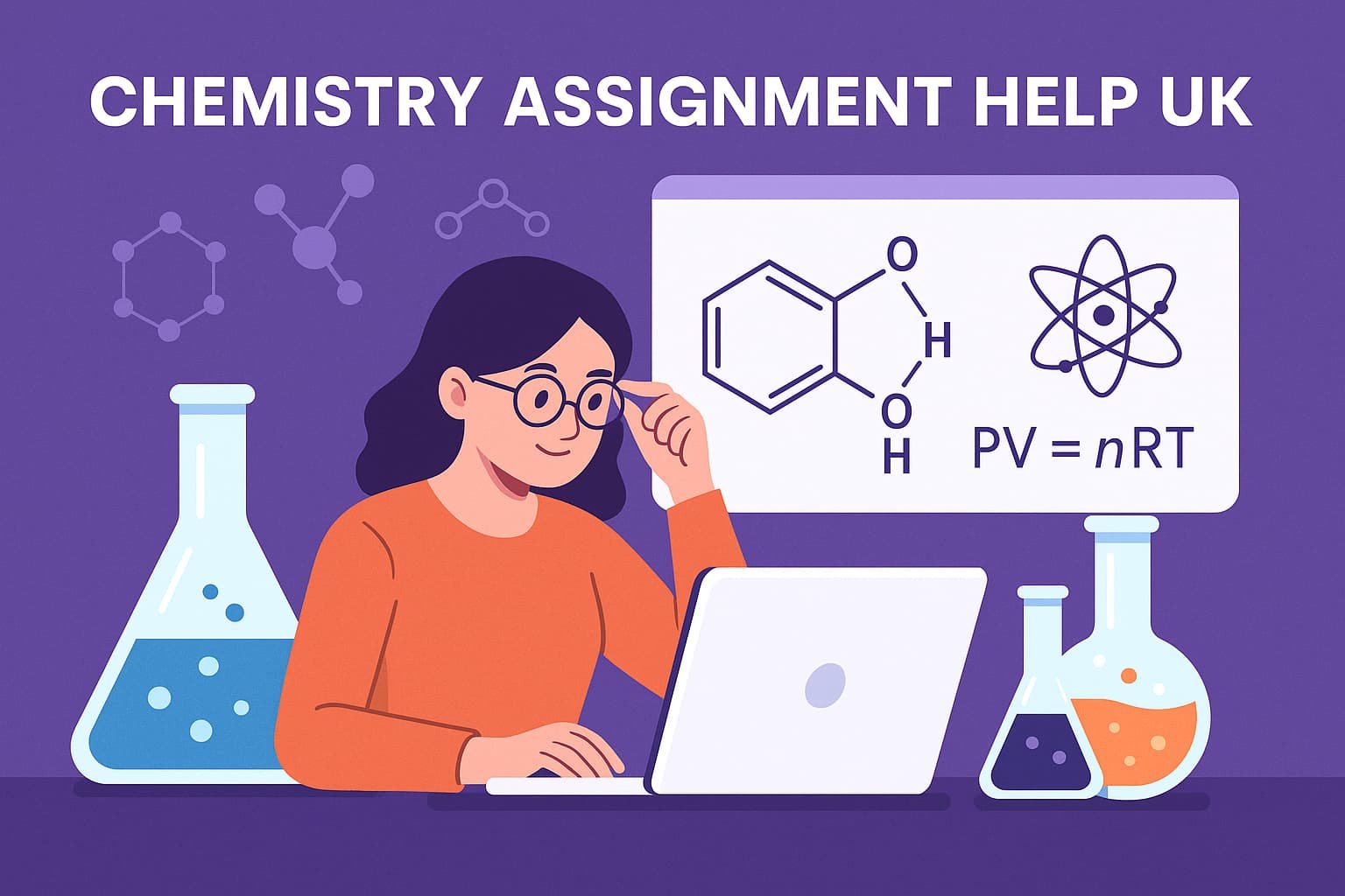 Chemistry Assignment Help UK – Expert Academic Support with Lab Reports and Equations UK student receiving chemistry assignment help with lab tools and molecular models