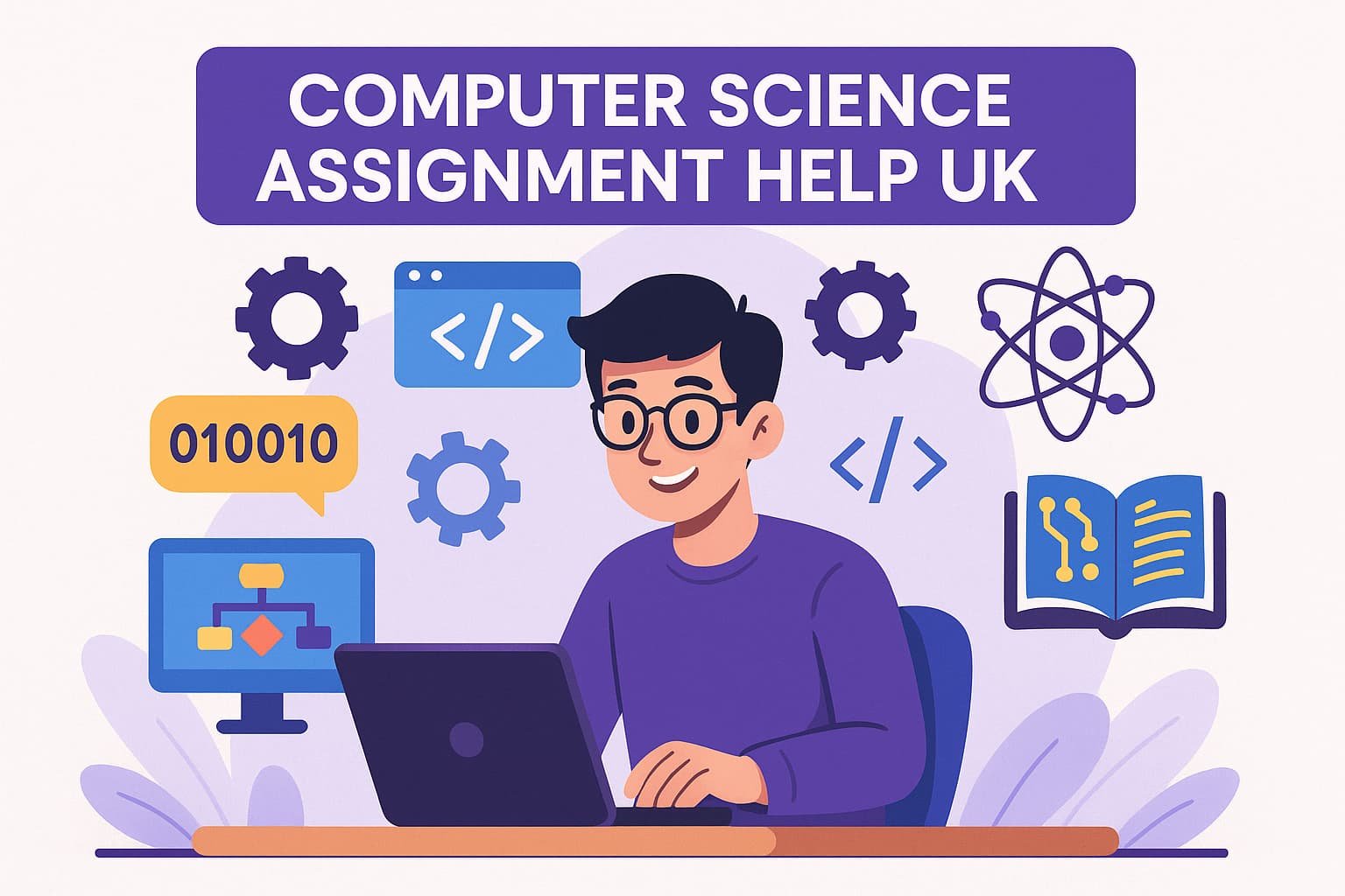 Computer Science Assignment Help UK – Expert Support in Programming and Dissertations Computer science assignment help UK with coding icons and digital student workspace