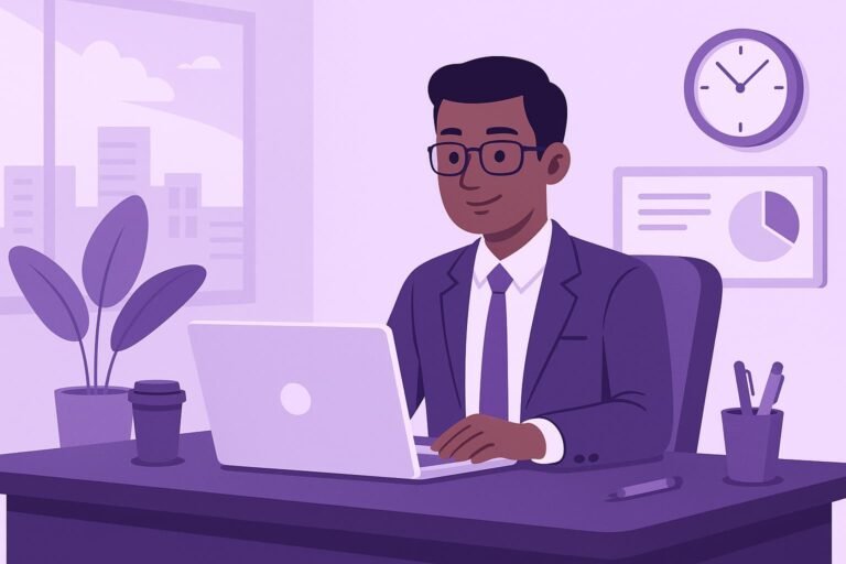 Cartoon-style illustration of a professional nursing assignment expert working on a laptop in a modern purple-themed office, representing UK academic support services.