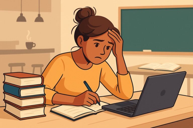 Stressed International Student at Desk with Books and Laptop