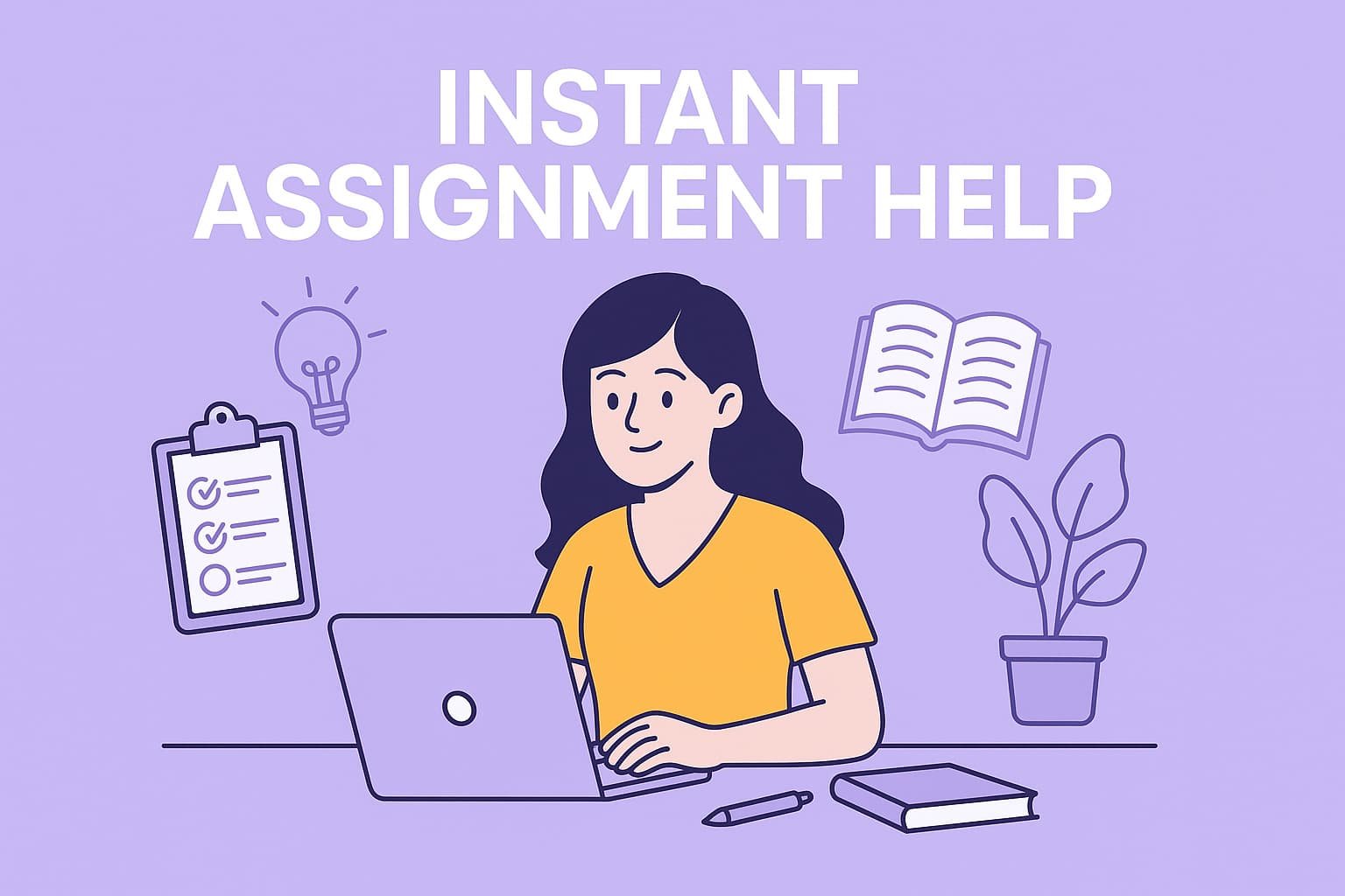 Illustration of students receiving instant assignment help online from experts, featuring books, laptop, and support icons in a modern style