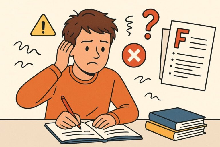 Cartoon illustration of a worried student writing in a notebook with warning signs, mistakes symbols, and a failed paper around him, representing common assignment errors.