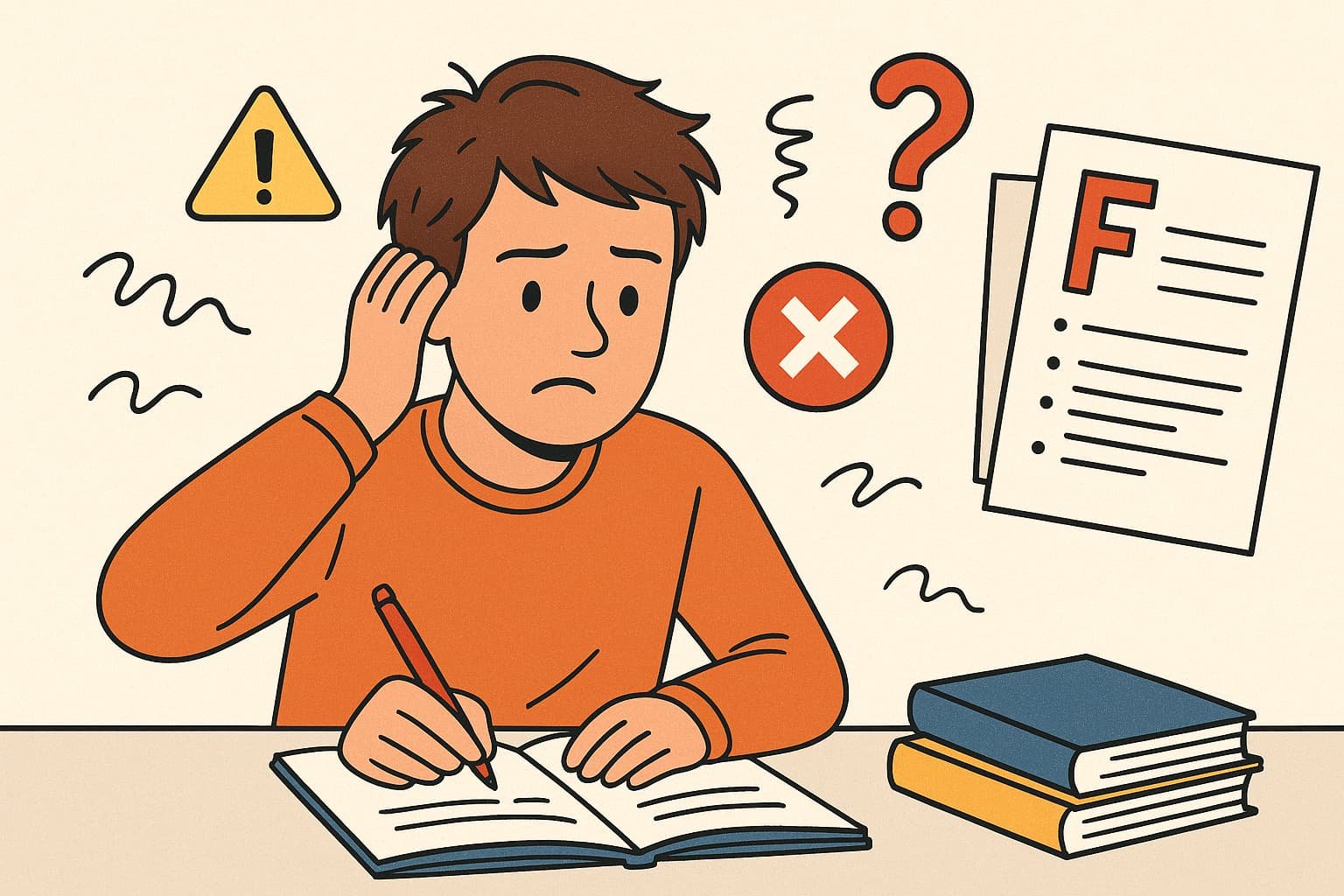 Cartoon illustration of a worried student writing in a notebook with warning signs, mistakes symbols, and a failed paper around him, representing common assignment errors.