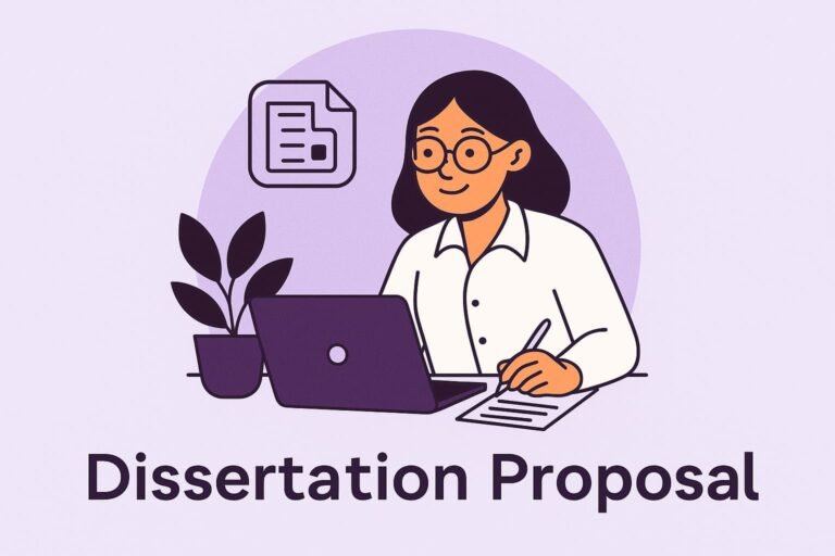 Cartoon-style banner with centered text “Dissertation Proposal Guide” featuring a smiling student with a laptop in a modern flat design