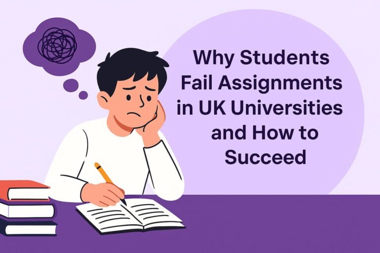 Young student feeling overwhelmed while writing an assignment, flat-style illustration, UK university context.