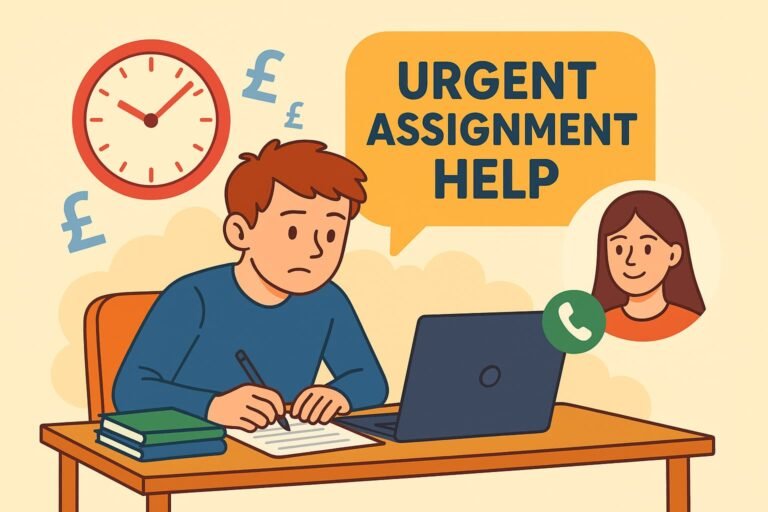 Stressed UK student working on urgent assignment with support from online academic help service in 2025