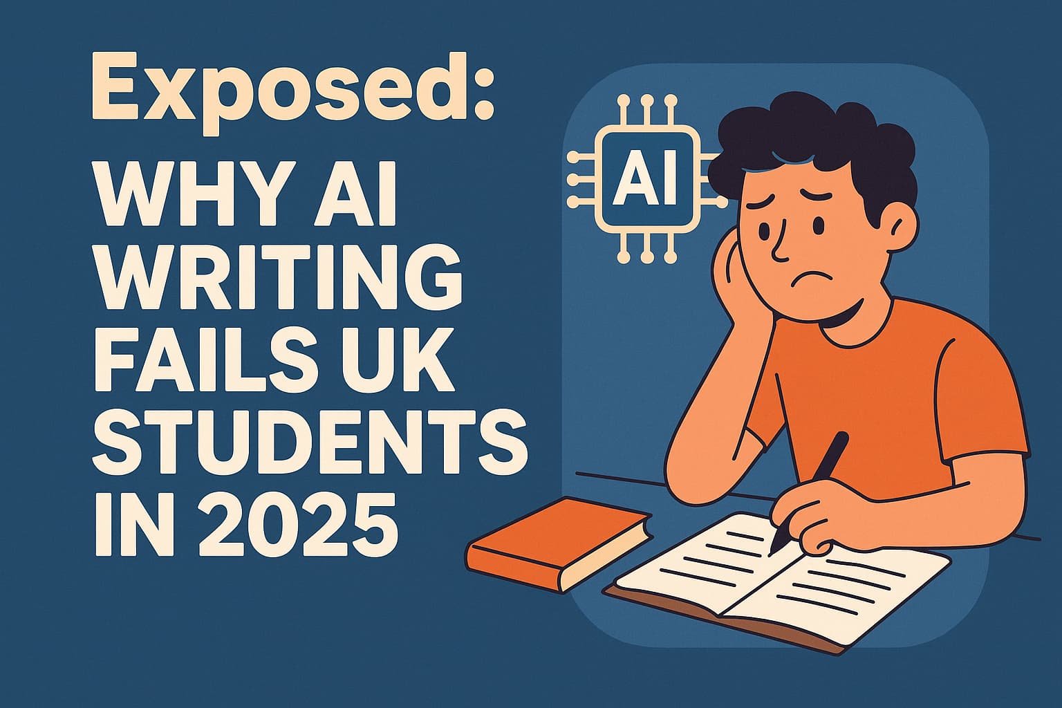 Frustrated UK student struggling with AI-written assignments in 2025, cartoon-style educational image