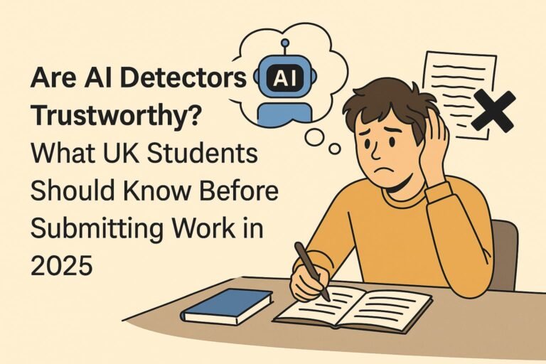 Confused UK university student flagged by AI detector, cartoon-style educational illustration for 2025 assignments