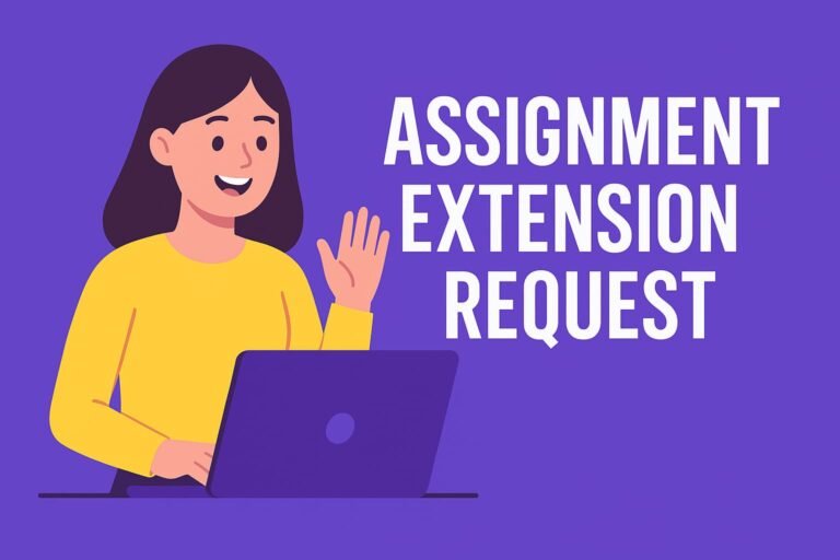 Cartoon-style digital illustration of a girl smiling and raising her hand, sitting in front of a laptop, with bold white text "Assignment Extension Request" on a purple background.