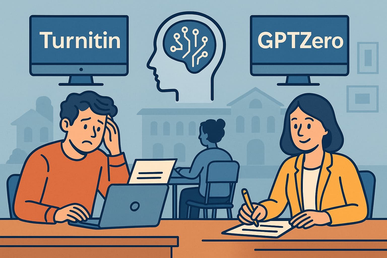 “Digital illustration showing a UK university student facing Turnitin and GPTZero AI detection tools while submitting an assignment in 2025.”