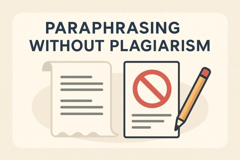 Illustration of a document, a no-plagiarism symbol, and a pencil representing paraphrasing without plagiarism – Urgent Assignment Help UK