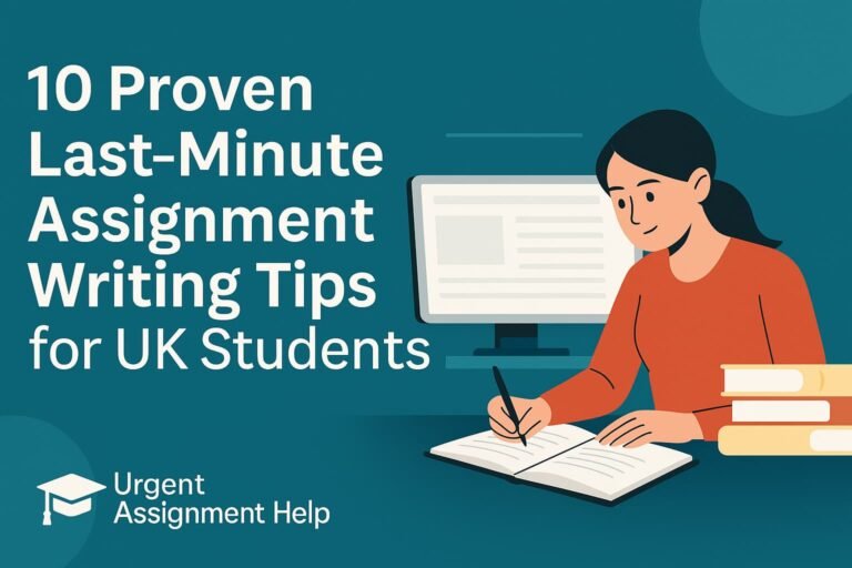 Flat-style banner showing a UK university student working on a laptop with books, clock, and assignment icons, symbolising urgent assignment help under tight deadlines.