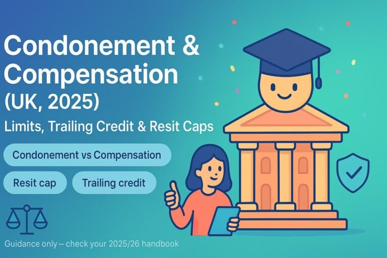 Cartoon university scene titled “Condonement & Compensation (UK, 2025)” highlighting limits, trailing credit and resit caps for UK students.