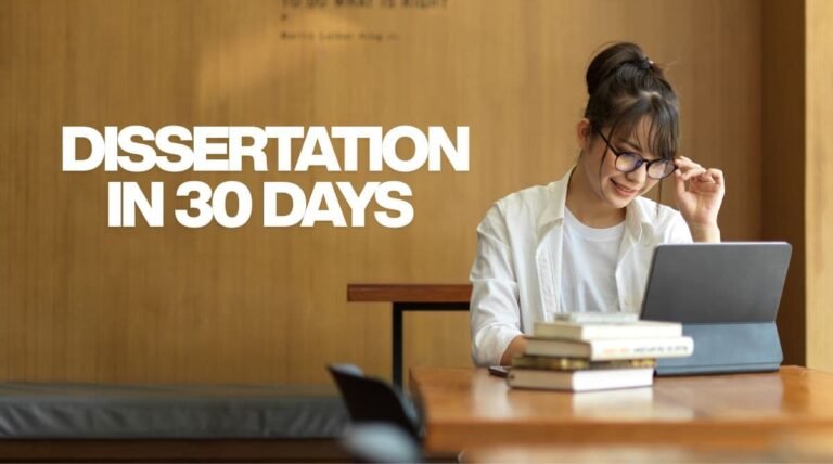 Female student smiling while writing dissertation on laptop in library setting – text overlay says ‘Dissertation in 30 Days