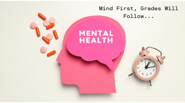 Mental health concept with pills, clock, and brain illustration for student wellness and academic success.