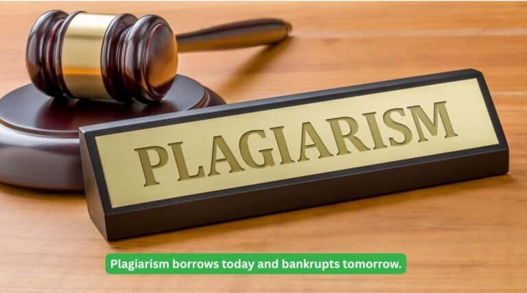 Judge’s gavel beside a brass nameplate reading “PLAGIARISM,” with the quote “Plagiarism borrows today and bankrupts tomorrow.”