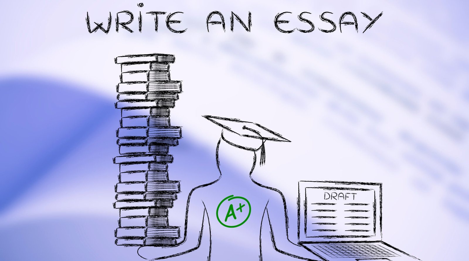 How to Write an A+ Essay on AI and Climate Change Sketch of a student in a graduation cap sitting between a tall stack of books and a laptop displaying a draft, with an A+ symbol on their chest, and the words 'Write an Essay' above.