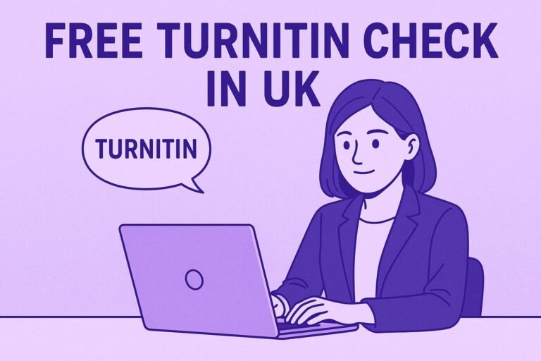 Purple and white illustration of a UK student with a laptop, highlighting “Free Turnitin Check in UK” for plagiarism-free academic support by Urgent Assignment Help.