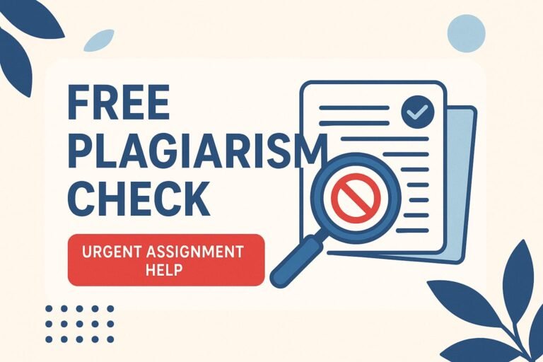 Free plagiarism check banner with document, magnifying glass, and “Urgent Assignment Help” branding in purple and white theme.