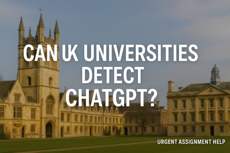 Historic UK university campus with bold text “Can UK Universities Detect ChatGPT?” and a small label “Urgent Assignment Help” in the corner.
