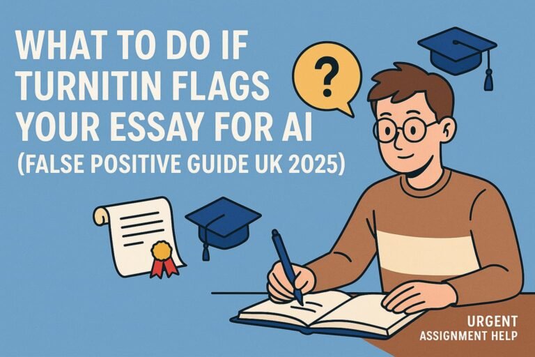 Cartoon illustration of a student writing in a notebook with graduation caps and certificate icons, representing a guide on what to do if Turnitin flags an essay for AI (False Positive Guide UK 2025), with “Urgent Assignment Help” branding.