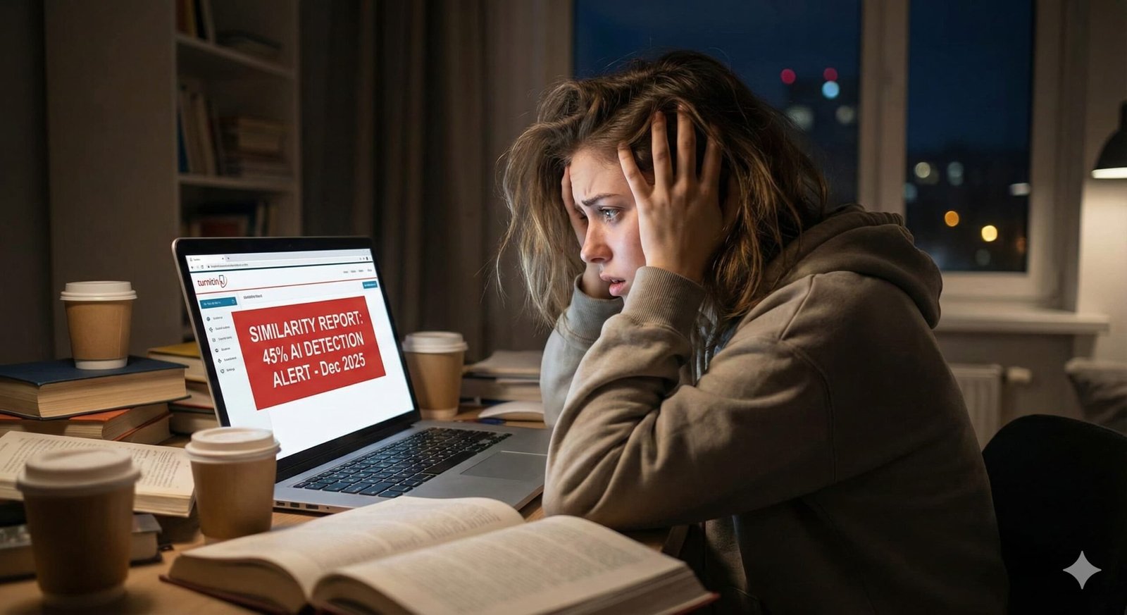 A university student looks panic-stricken, holding her head in her hands, as she stares at a laptop screen displaying a red "SIMILARITY REPORT: 45% AI DETECTION ALERT - Dec 2025" message late at night.
