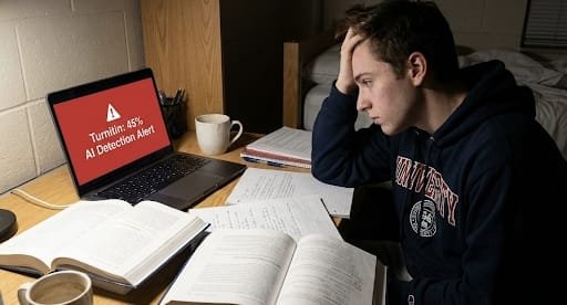 Student stressed about Turnitin AI detection false positive on laptop screen
