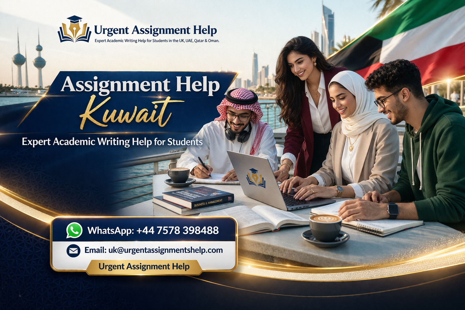 Assignment help Kuwait banner with students, academic support branding, WhatsApp number and email contact