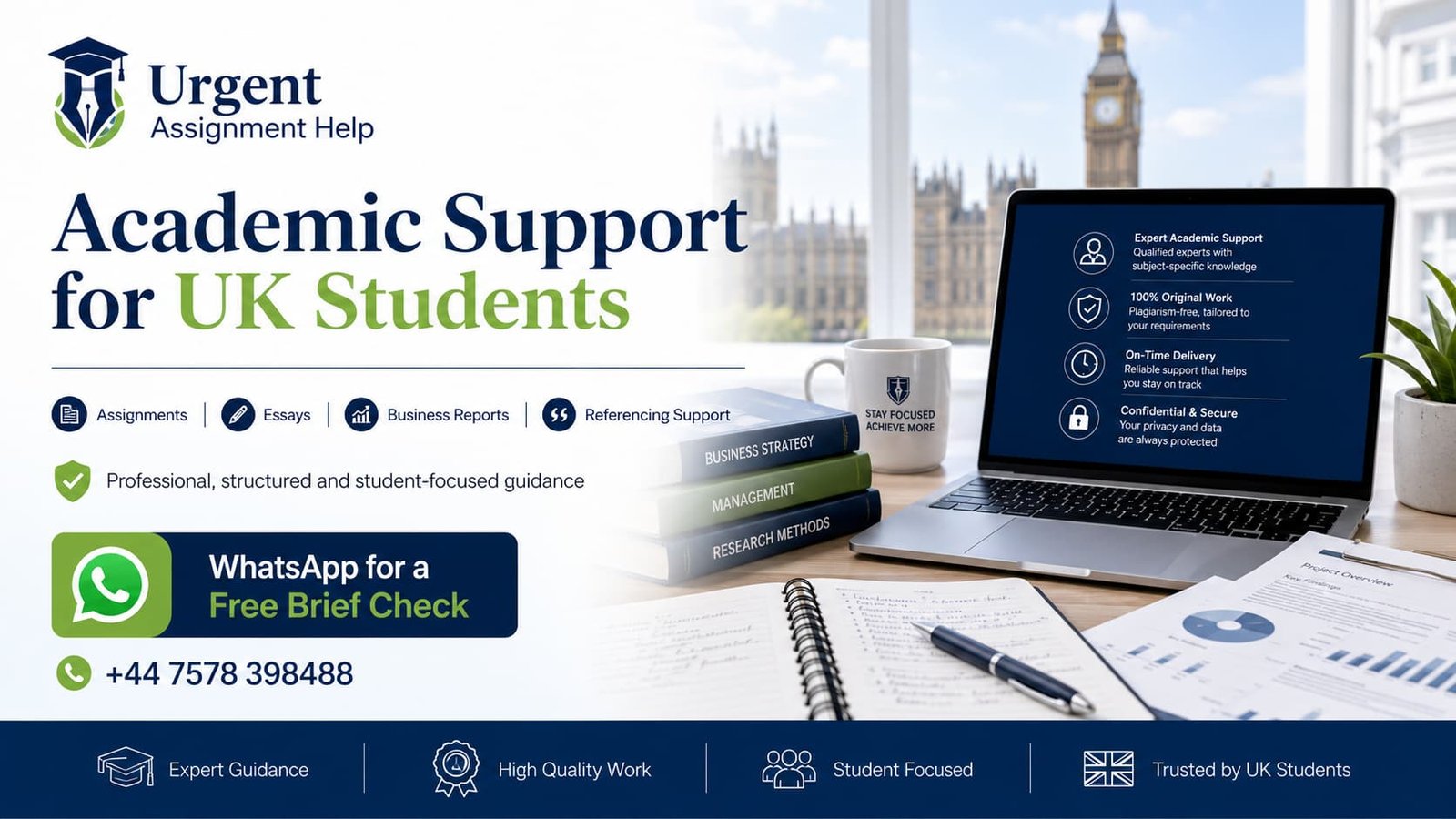 Professional academic support banner for UK students showing assignment, essay, business report and referencing guidance with WhatsApp contact.